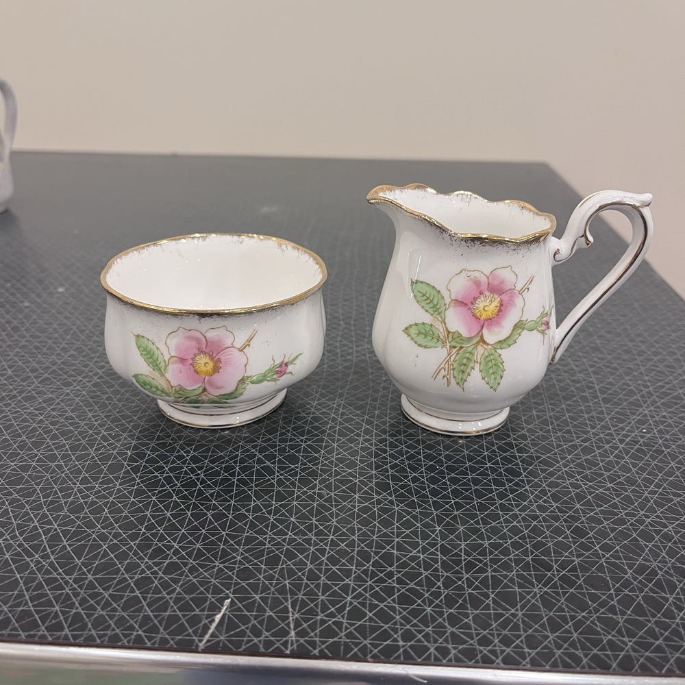 Royal Albert Bone China Pink Floral Mini Open Sugar Bowl & Creamer Set Wild Rose